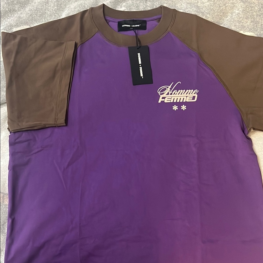Vibrant Purple and Brown Short Sleeve Raglan Tee